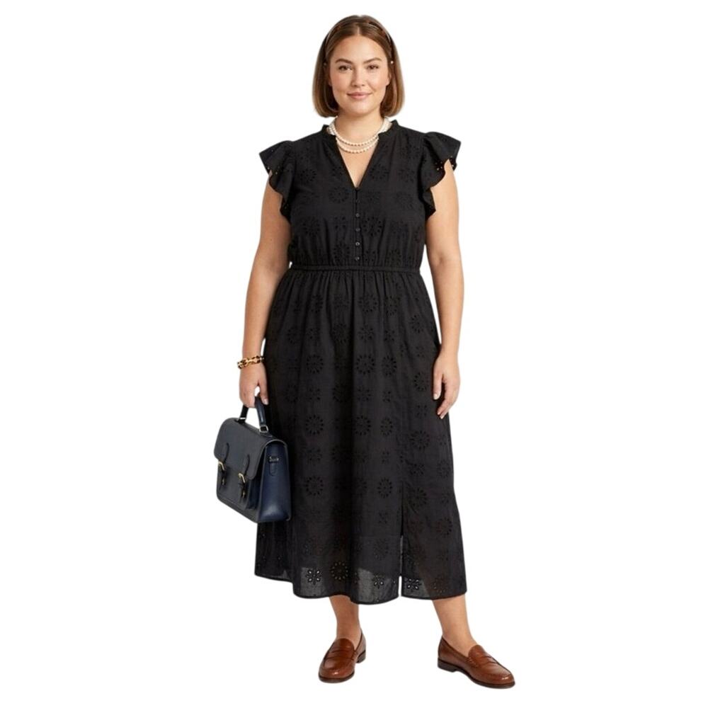 ELOQUII ELEMENTS PLUS 20 Women's 100% Cotton Black Ruffle Eyelet Maxi Dress